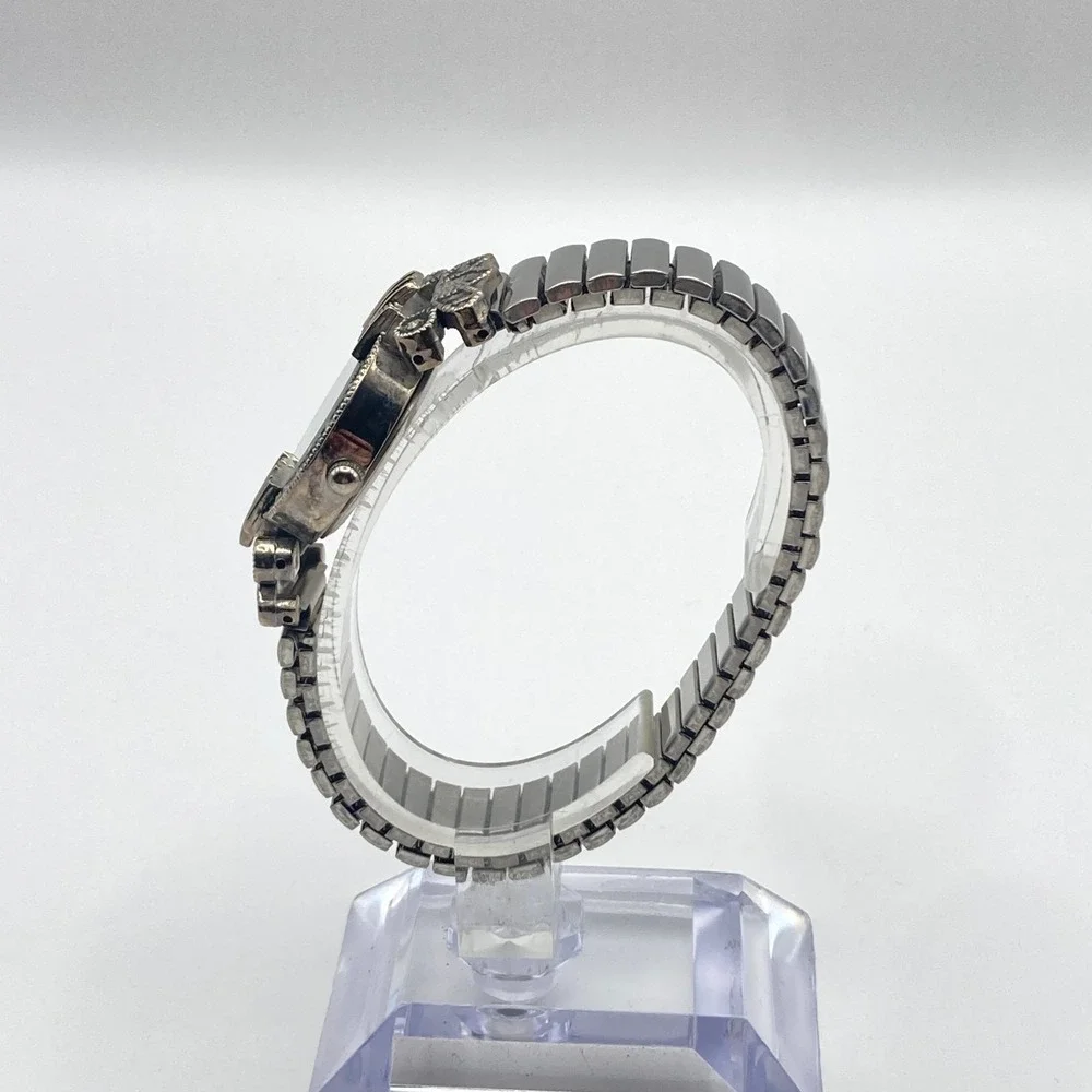 Vtg Faberge Womens Marcasite Watch 26mm Silver Tone Stretch Band New Battery